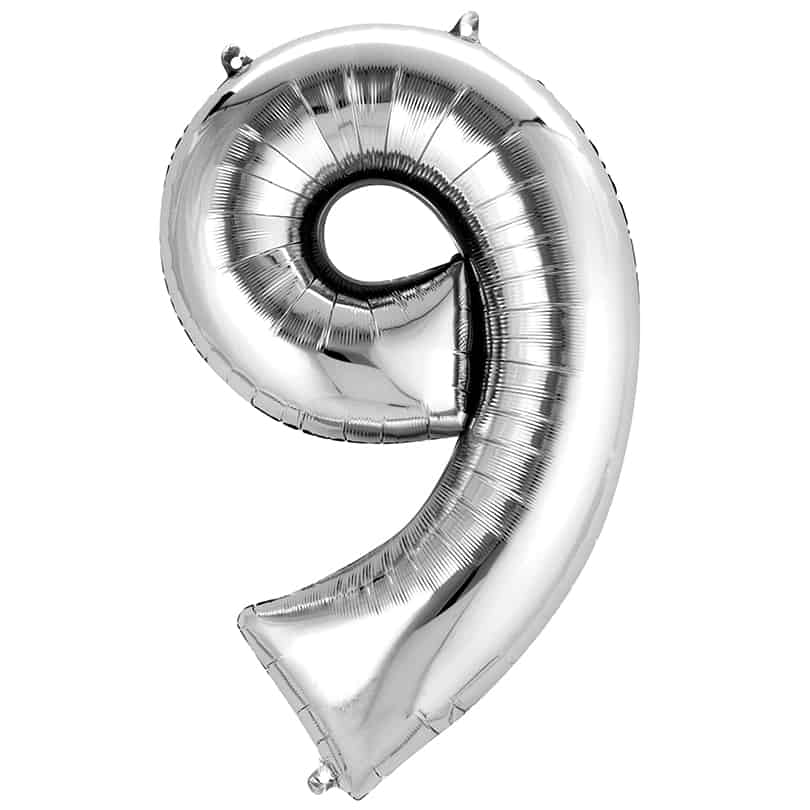Silver Number 9 Balloon Helium Filled - 34"