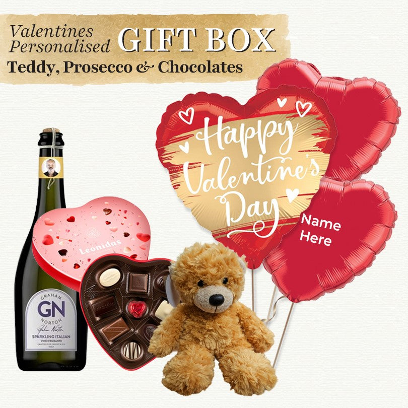 Personalised Valentine Gift Box - Prosecco, Chocolates & Teddy