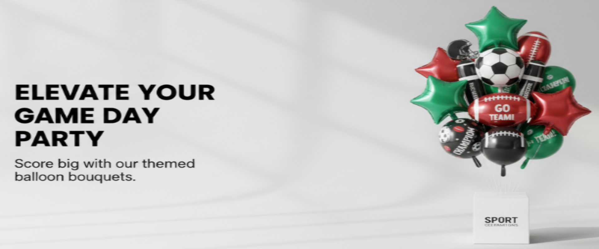 Themed balloon bouquet with sports balls on a white background, featuring promotional text.